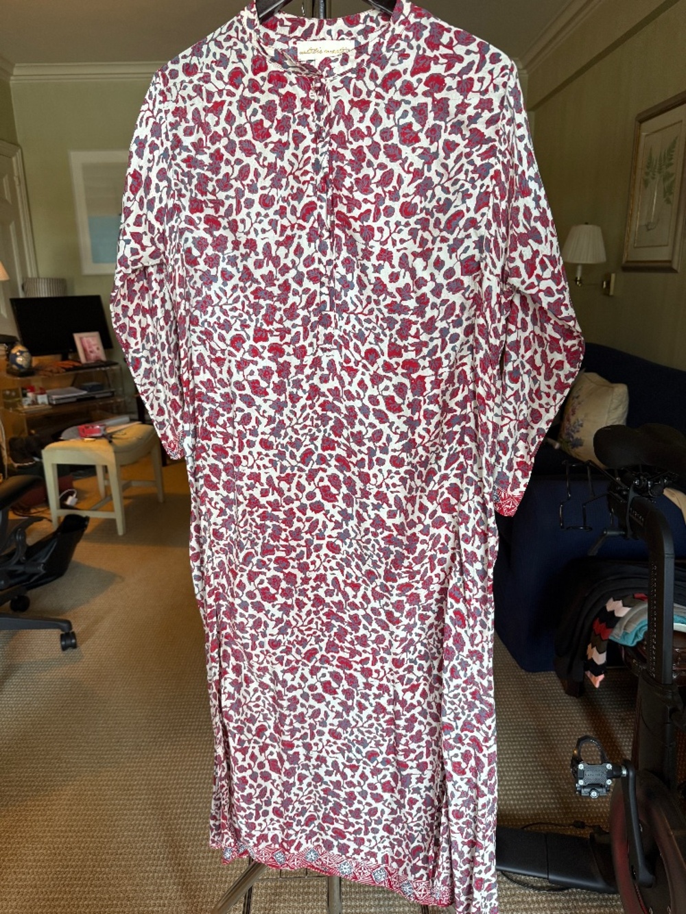Natalie Martin 100% Silk Hand Printed Caftan Dress Medium Boho Resort Wear